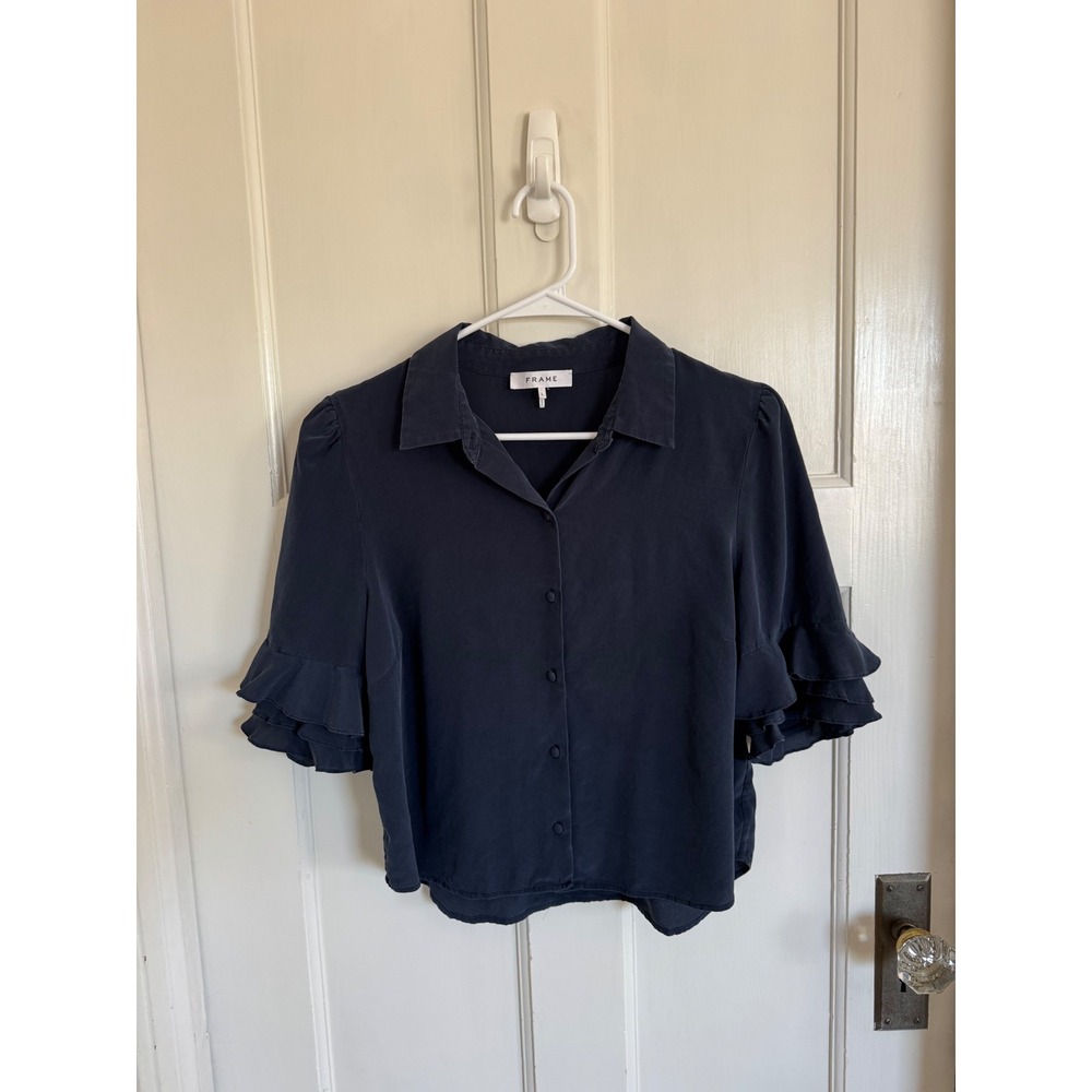 Frame dark navy silk ruffle sleeve blouse size large